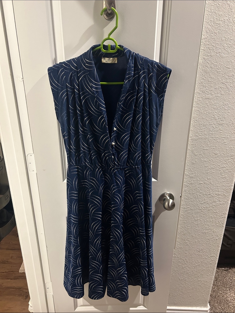 Vintage TF Navy V-Neck Midi Dress with Curved Dot Pattern